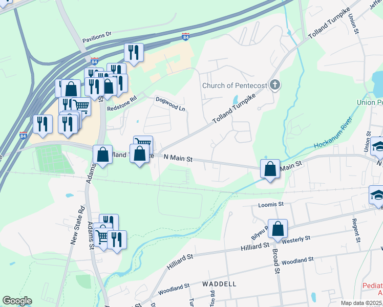 map of restaurants, bars, coffee shops, grocery stores, and more near 713 North Main Street in Manchester
