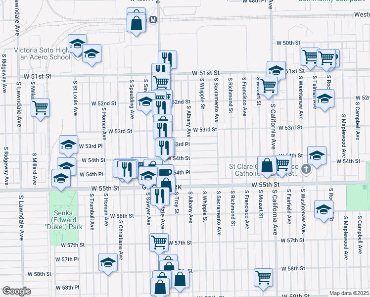 map of restaurants, bars, coffee shops, grocery stores, and more near 3121 West 53rd Place in Chicago