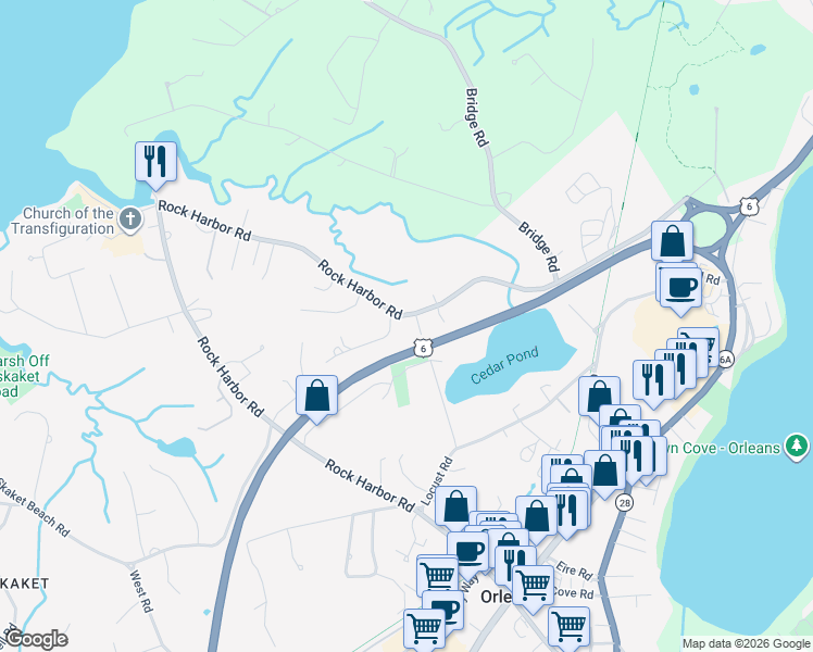 map of restaurants, bars, coffee shops, grocery stores, and more near 188 Rock Harbor Rd in Orleans