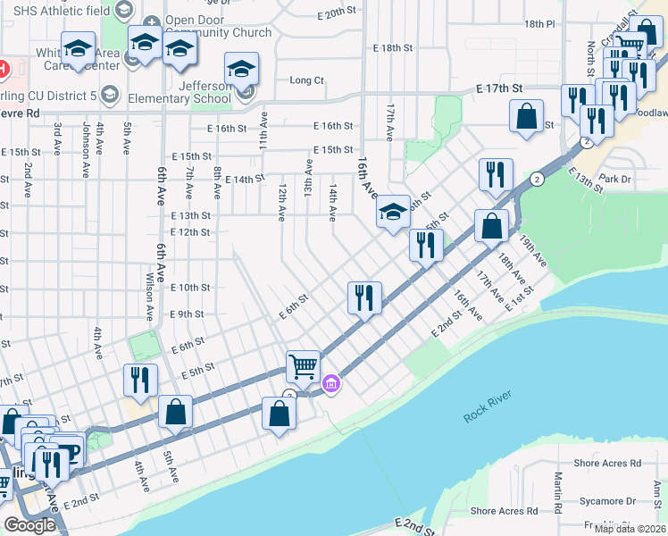 map of restaurants, bars, coffee shops, grocery stores, and more near 602 13th Avenue in Sterling