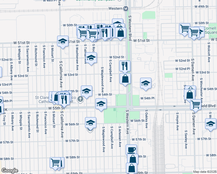 map of restaurants, bars, coffee shops, grocery stores, and more near 5348 South Campbell Avenue in Chicago
