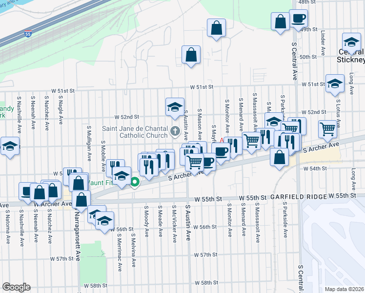 map of restaurants, bars, coffee shops, grocery stores, and more near 5302 South Austin Avenue in Chicago