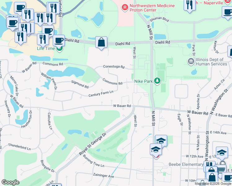 map of restaurants, bars, coffee shops, grocery stores, and more near 720 Century Farm Lane in Naperville