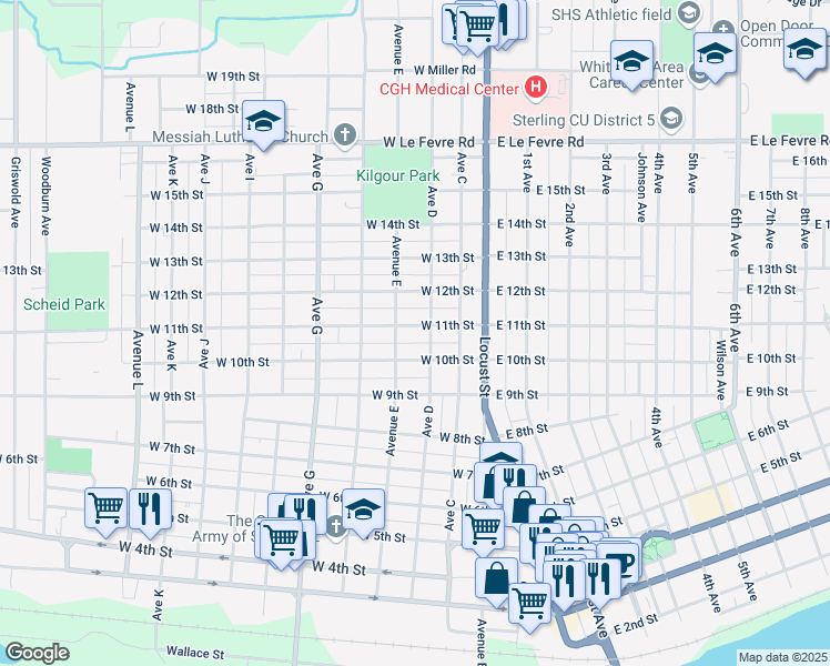map of restaurants, bars, coffee shops, grocery stores, and more near 405 West 11th Street in Sterling