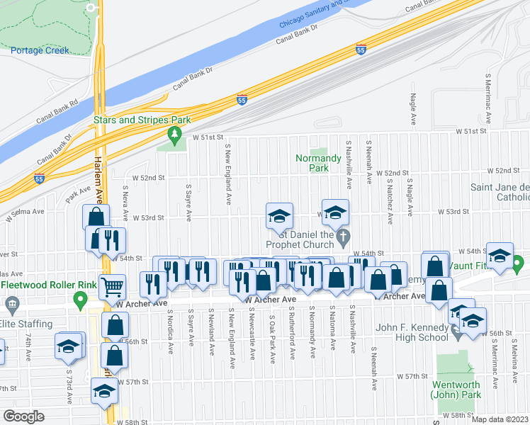 map of restaurants, bars, coffee shops, grocery stores, and more near 5258 South Oak Park Avenue in Chicago