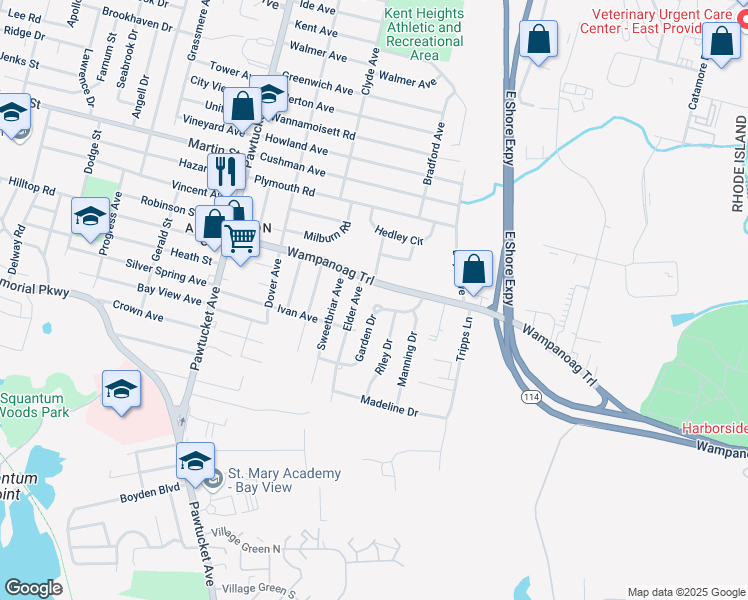 map of restaurants, bars, coffee shops, grocery stores, and more near 25 Garden Drive in East Providence