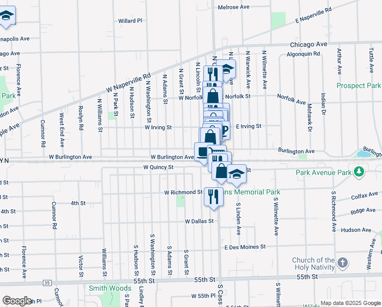 map of restaurants, bars, coffee shops, grocery stores, and more near 5 North Grant Street in Westmont