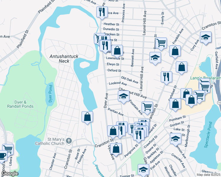 map of restaurants, bars, coffee shops, grocery stores, and more near 159 Chestnut Hill Avenue in Cranston