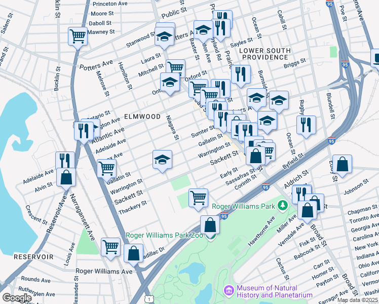 map of restaurants, bars, coffee shops, grocery stores, and more near 84 Gallatin Street in Providence