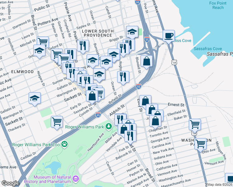 map of restaurants, bars, coffee shops, grocery stores, and more near 336 Ocean Street in Providence