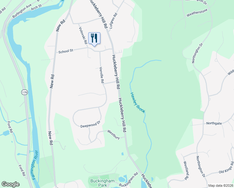 map of restaurants, bars, coffee shops, grocery stores, and more near 181 Huckleberry Hill Road in Avon