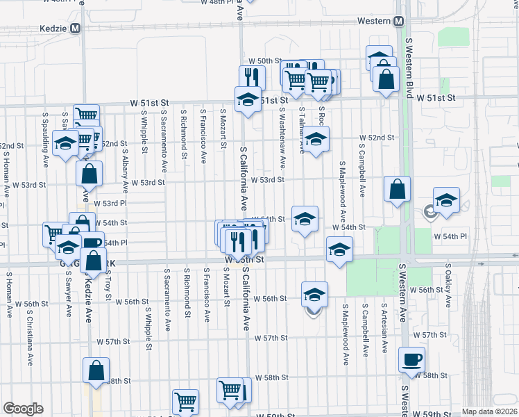 map of restaurants, bars, coffee shops, grocery stores, and more near 5346 South Fairfield Avenue in Chicago