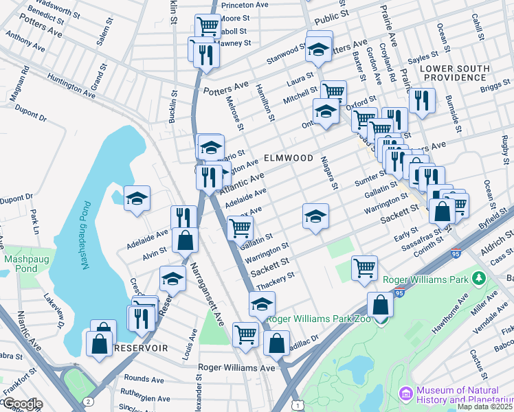 map of restaurants, bars, coffee shops, grocery stores, and more near 207 Lenox Avenue in Providence