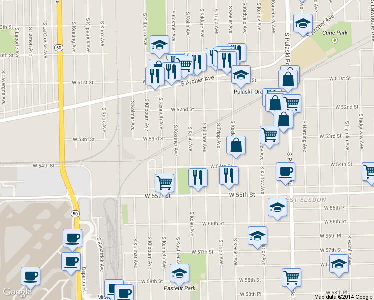 map of restaurants, bars, coffee shops, grocery stores, and more near 5322 S Kolin Ave in Chicago