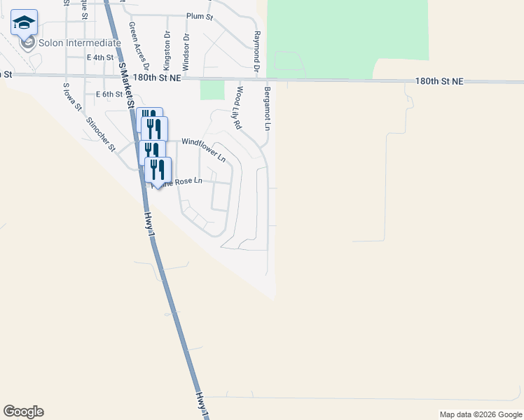 map of restaurants, bars, coffee shops, grocery stores, and more near 1007 Wood Lily Road in Solon