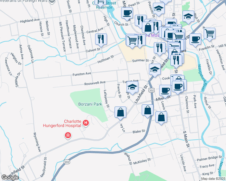 map of restaurants, bars, coffee shops, grocery stores, and more near 16 Maple Street in Torrington