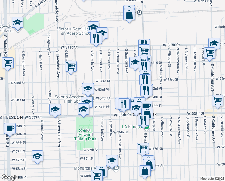 map of restaurants, bars, coffee shops, grocery stores, and more near 5333 South Homan Avenue in Chicago