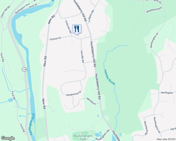 map of restaurants, bars, coffee shops, grocery stores, and more near 181 Huckleberry Hill Road in Avon