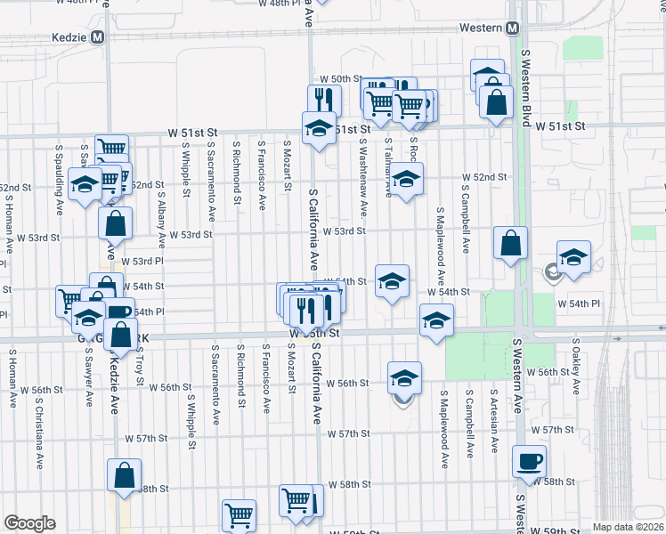 map of restaurants, bars, coffee shops, grocery stores, and more near 5346 South Fairfield Avenue in Chicago
