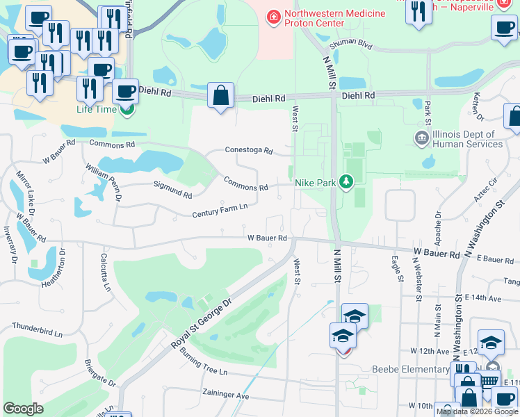 map of restaurants, bars, coffee shops, grocery stores, and more near 720 Century Farm Lane in Naperville