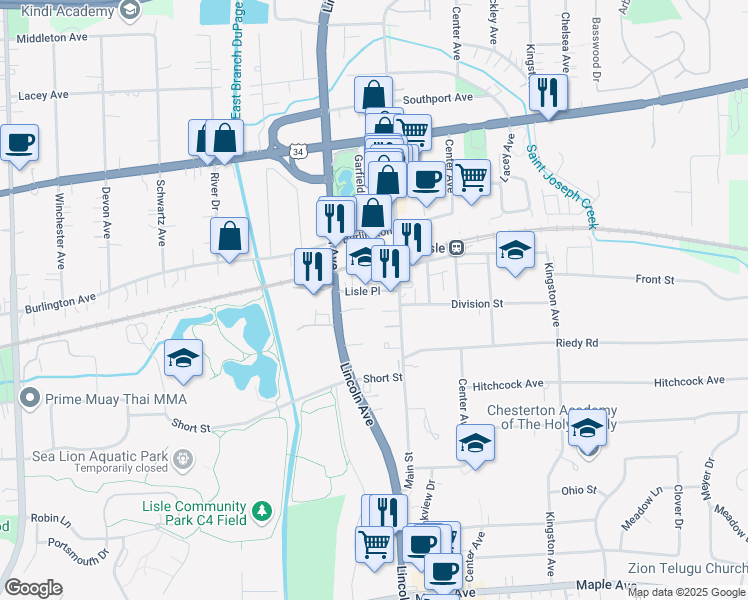map of restaurants, bars, coffee shops, grocery stores, and more near 1131 Lisle Place in Lisle