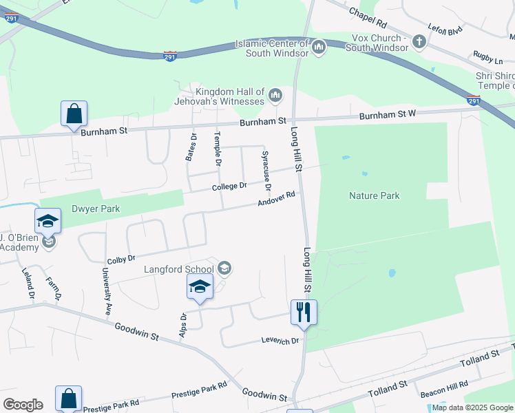 map of restaurants, bars, coffee shops, grocery stores, and more near 57 Andover Road in East Hartford