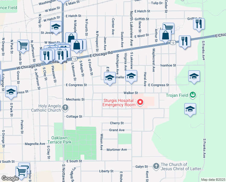 map of restaurants, bars, coffee shops, grocery stores, and more near 516 Walker Street in Sturgis