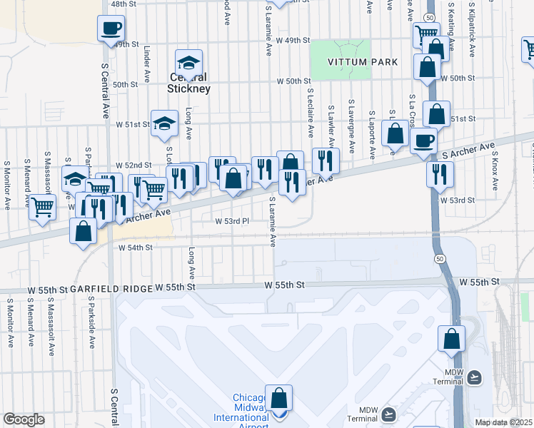 map of restaurants, bars, coffee shops, grocery stores, and more near 5336 South Laramie Avenue in Chicago