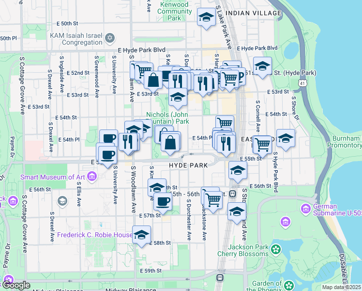 map of restaurants, bars, coffee shops, grocery stores, and more near 5471 South Ridgewood Court in Chicago