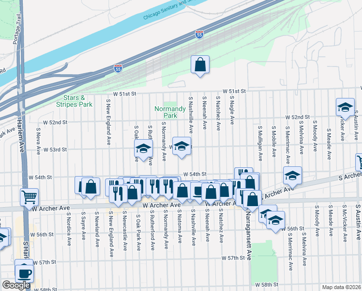 map of restaurants, bars, coffee shops, grocery stores, and more near 5257 South Natoma Avenue in Chicago