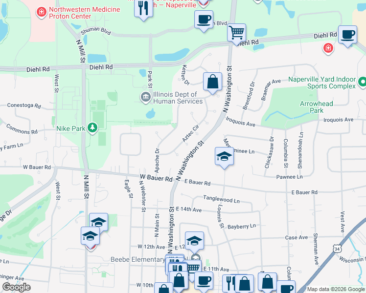 map of restaurants, bars, coffee shops, grocery stores, and more near 10 Pima Court in Naperville