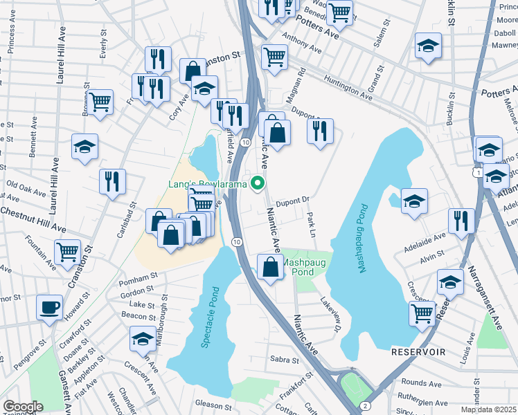map of restaurants, bars, coffee shops, grocery stores, and more near 245 Niantic Avenue in Cranston