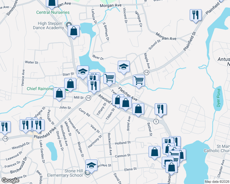 map of restaurants, bars, coffee shops, grocery stores, and more near 44 Tweed Street in Cranston