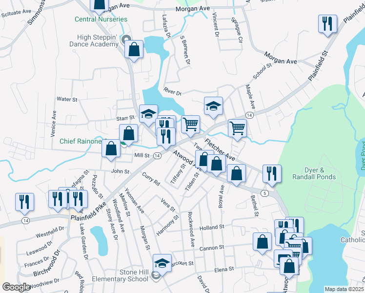 map of restaurants, bars, coffee shops, grocery stores, and more near 20 Clemence Street in Cranston