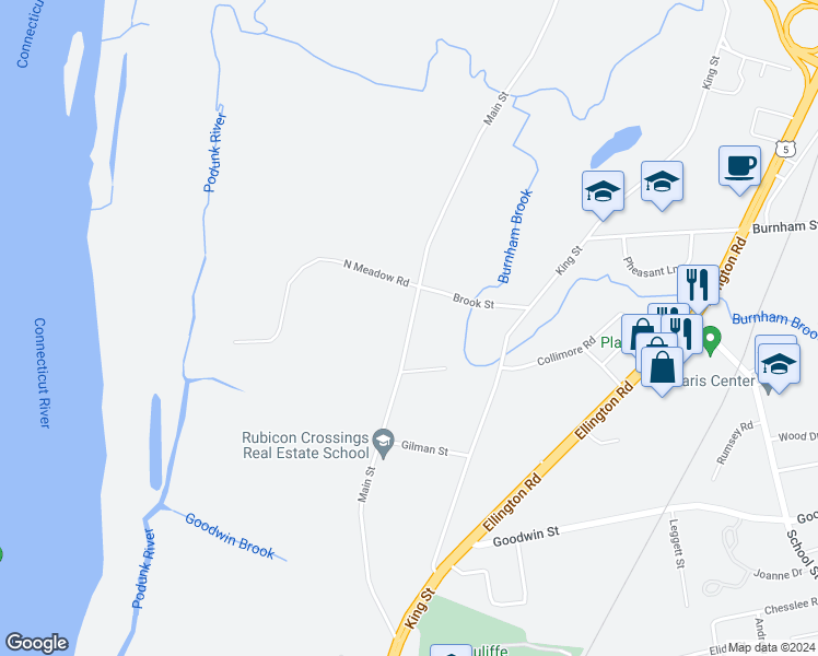 map of restaurants, bars, coffee shops, grocery stores, and more near 1942 Main Street in East Hartford