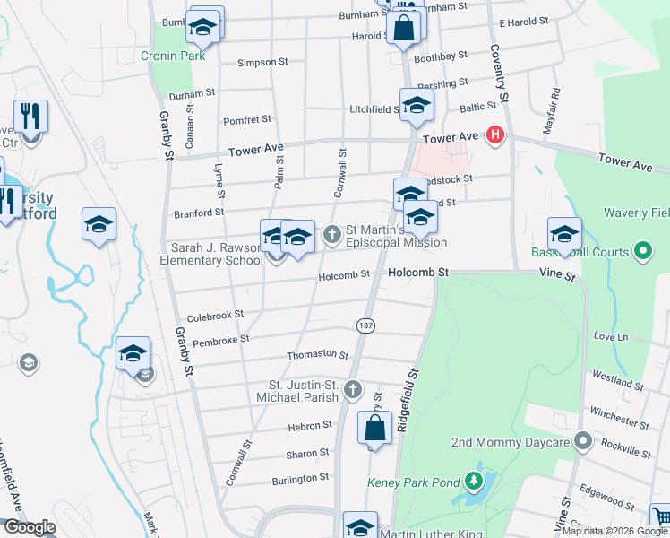 map of restaurants, bars, coffee shops, grocery stores, and more near 260 Cornwall Street in Hartford