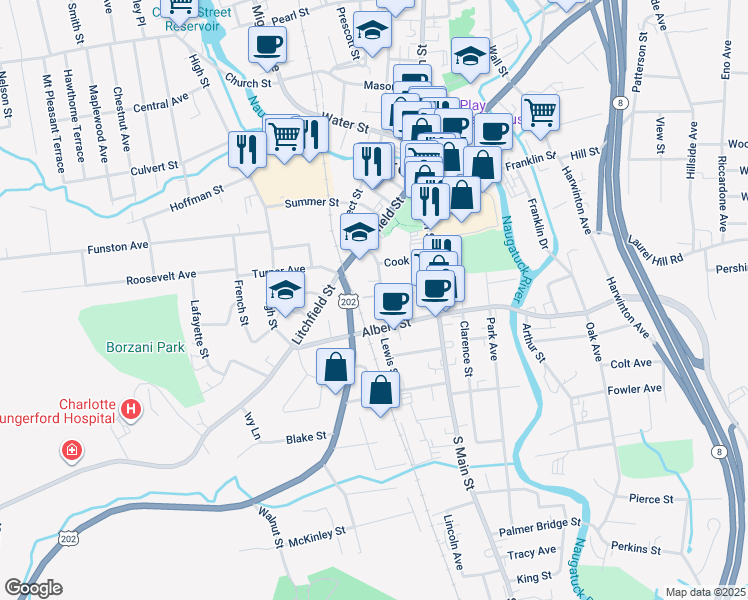 map of restaurants, bars, coffee shops, grocery stores, and more near 98 Wilson Avenue in Torrington