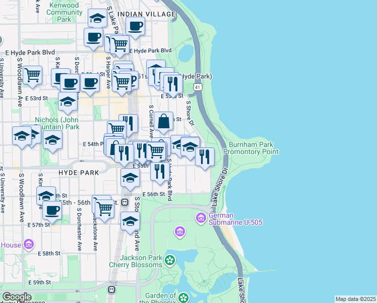 map of restaurants, bars, coffee shops, grocery stores, and more near 5469 South Everett Avenue in Chicago
