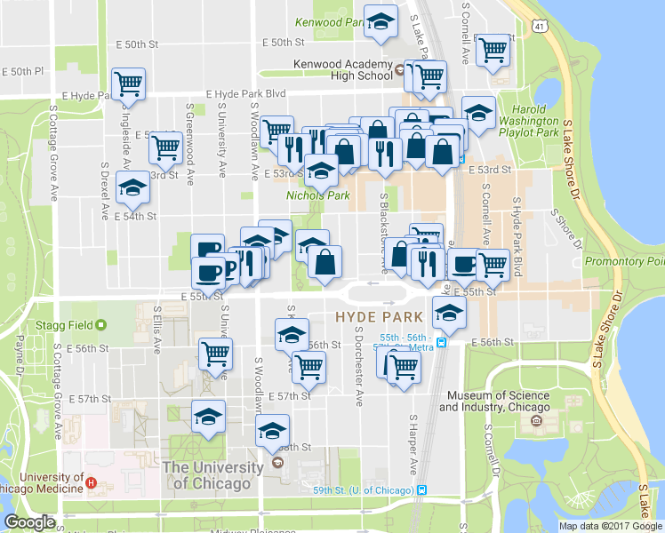 map of restaurants, bars, coffee shops, grocery stores, and more near 5471 South Ridgewood Court in Chicago
