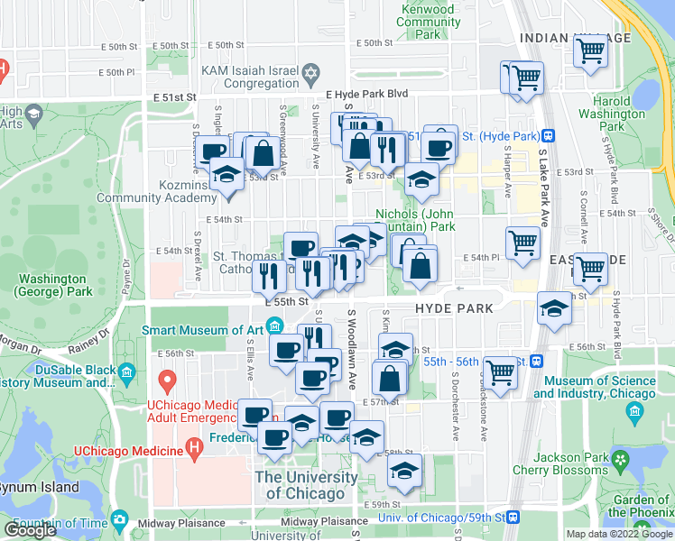 map of restaurants, bars, coffee shops, grocery stores, and more near 5470 South Woodlawn Avenue in Chicago