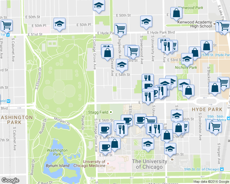 map of restaurants, bars, coffee shops, grocery stores, and more near 5466 South Ingleside Avenue in Chicago