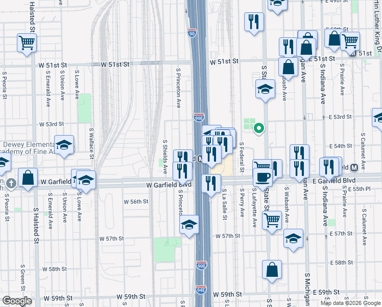 map of restaurants, bars, coffee shops, grocery stores, and more near 5409 South Wells Street in Chicago