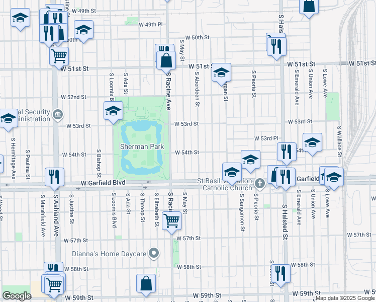 map of restaurants, bars, coffee shops, grocery stores, and more near 5356 South May Street in Chicago