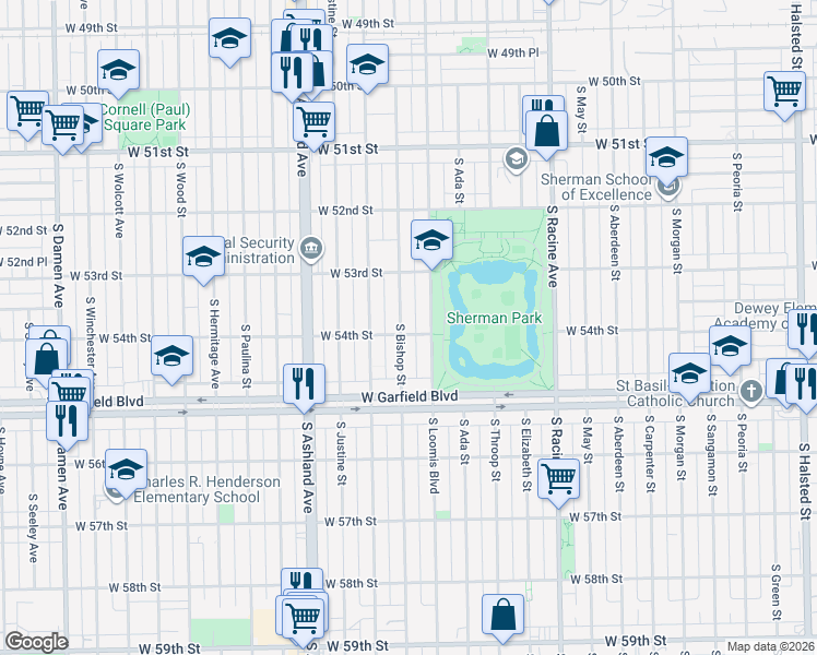map of restaurants, bars, coffee shops, grocery stores, and more near 5338 South Loomis Boulevard in Chicago