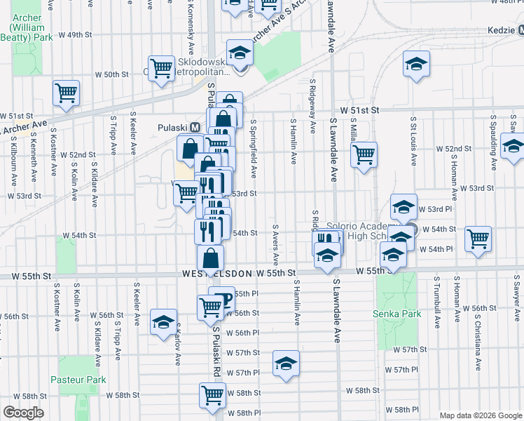 map of restaurants, bars, coffee shops, grocery stores, and more near 5330 South Avers Avenue in Chicago