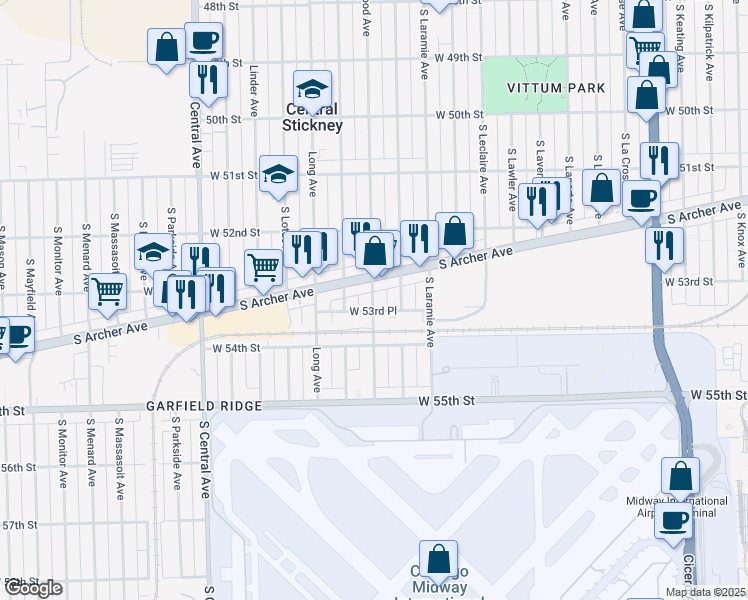 map of restaurants, bars, coffee shops, grocery stores, and more near 5333 South Lockwood Avenue in Chicago