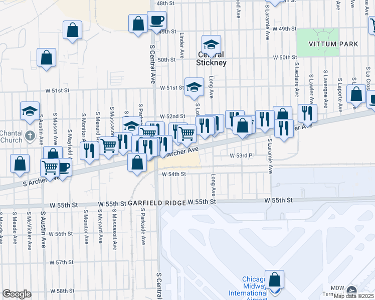 map of restaurants, bars, coffee shops, grocery stores, and more near 5813 South Archer Avenue in Chicago