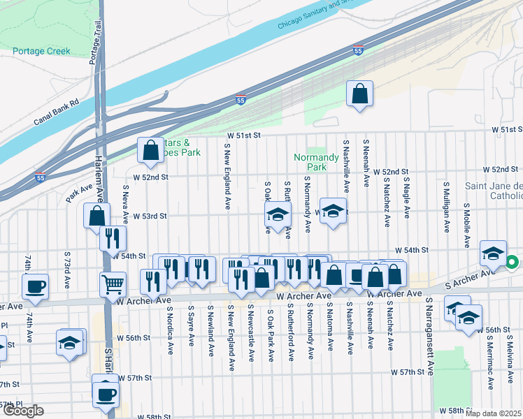 map of restaurants, bars, coffee shops, grocery stores, and more near 5258 South Oak Park Avenue in Chicago