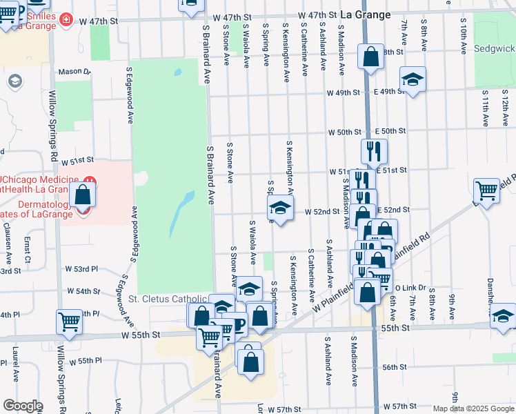 map of restaurants, bars, coffee shops, grocery stores, and more near 945 South Waiola Avenue in La Grange