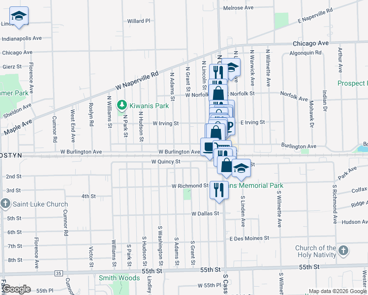 map of restaurants, bars, coffee shops, grocery stores, and more near 5 North Grant Street in Westmont